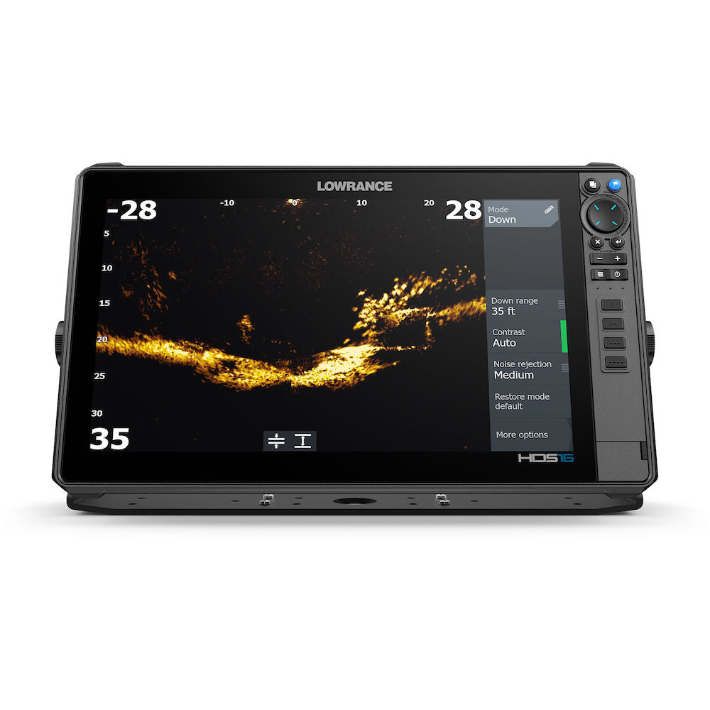 Lowrance Active Target 2XL PN:000-16488-001 fishing sonar device showing underwater structure and fish detection with control buttons and detailed screen interface.