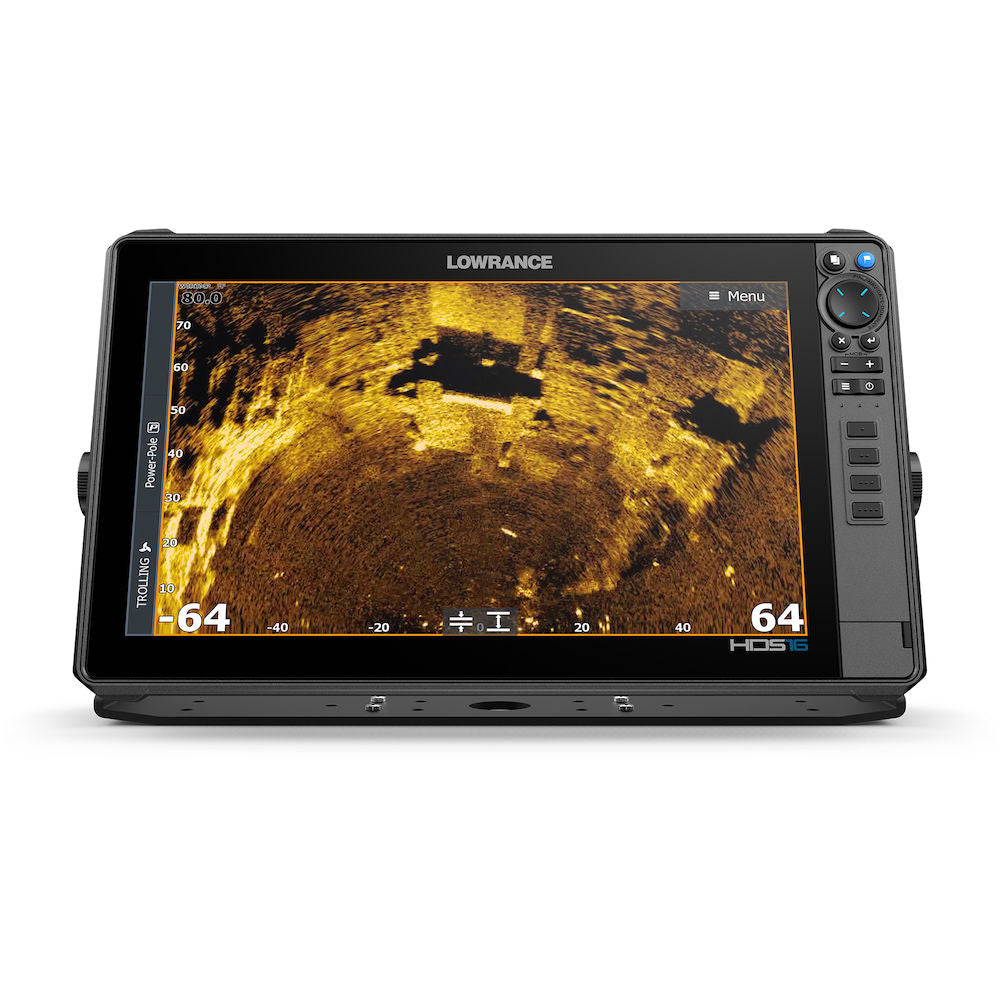 Lowrance Active Target 2XL PN:000-16488-001 fishing sonar device showing detailed underwater imaging on a black display screen with control buttons on the right side.