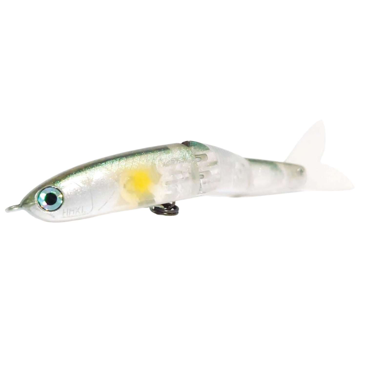 HMKL Alive Bait 65 SP fishing lure features a segmented clear body with green and yellow accents, lifelike blue eye, and tail fin designed for realistic movement in water.