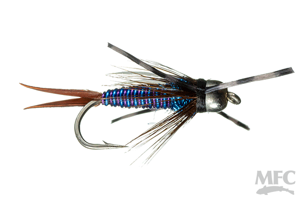 Close-up of Trina's Montana Prince fishing lure featuring a metallic blue segmented body, feathered tail, and black and brown hackle designed for fly fishing.