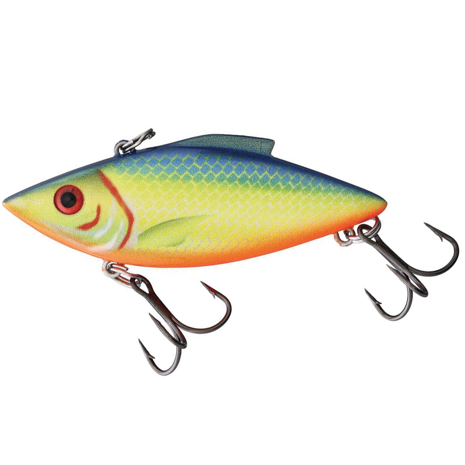 Bill Lewis Rat-L-Trap - Standard fishing lure designed with vibrant green, yellow, and orange colors, featuring two treble hooks for effective fishing tackle use.