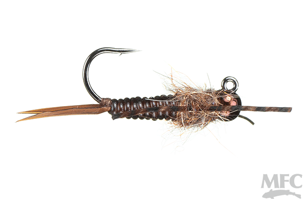 Pennington's Jig "D" Rib Stonefly Nymph fishing lure with detailed ribbed body, natural feather tail, and fine synthetic fibers mimicking a stonefly nymph for fishing tackle use.