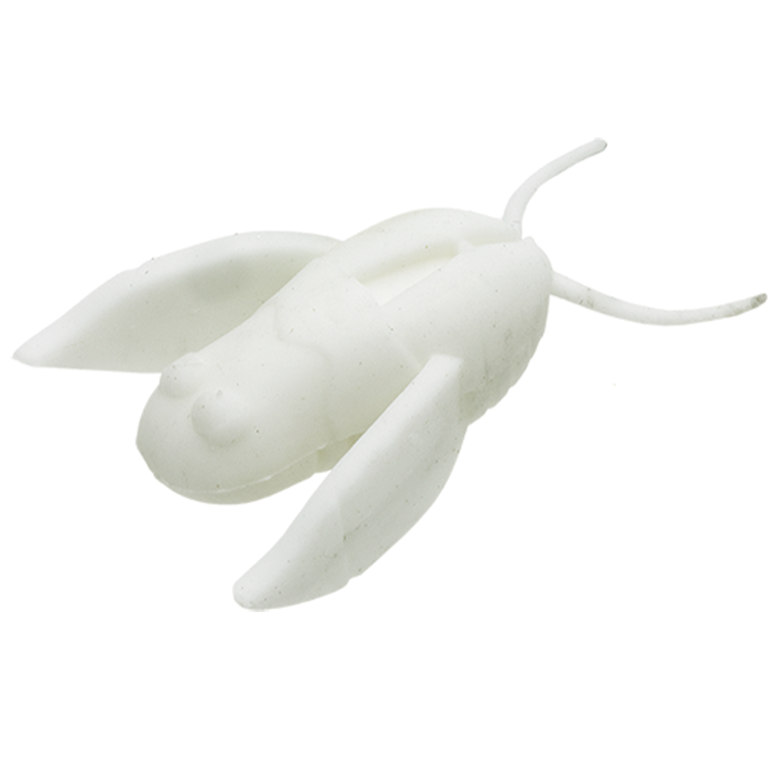 Close-up of a white soft fishing lure shaped like a small insect, specifically the Nories 2" Clionex, designed for fishing tackle and lure enthusiasts.
