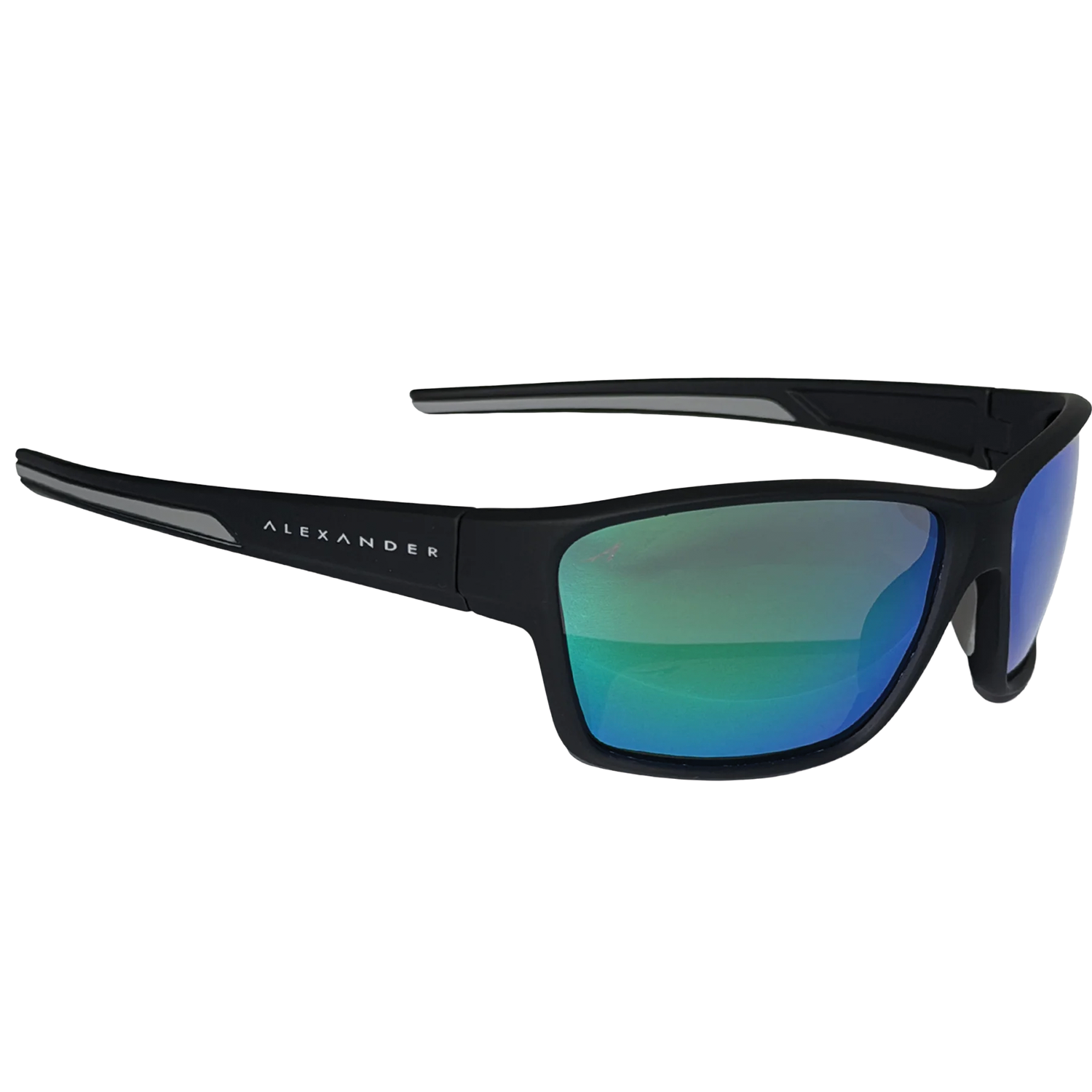Black framed Alexander Sunglasses with blue-green mirrored lenses designed for outdoor activities, featuring a sleek wraparound style for full eye protection.