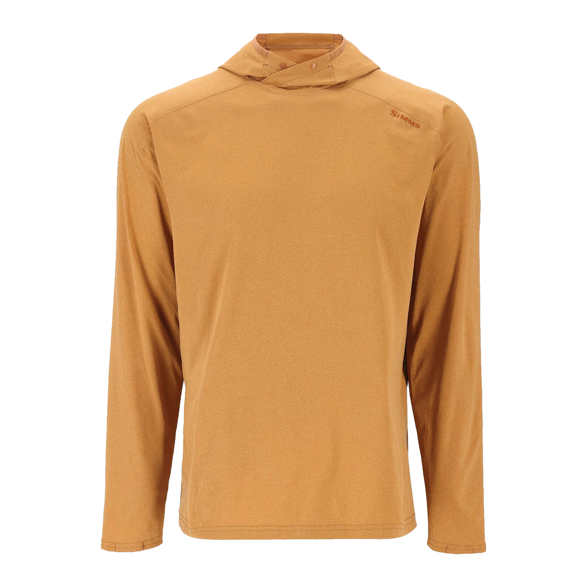 Simms SolarFlex Hoody - Men's (New 2026) in tan with long sleeves and a high neck, designed for lightweight sun protection while fishing