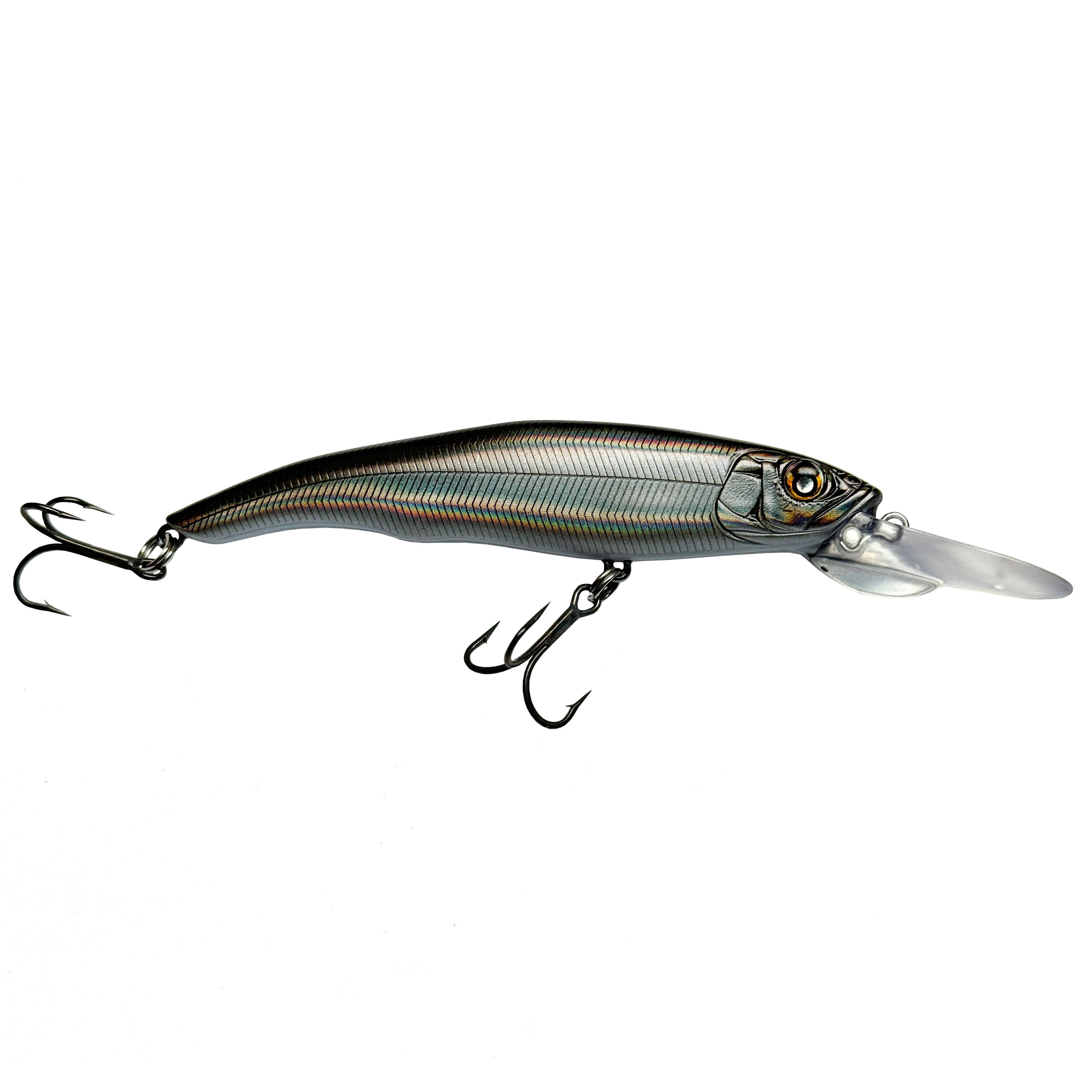 Nishine Lure Works Erie 95MD Jerkbait in gunmetal color with a sleek, lifelike fish design and two treble hooks, ideal for fishing tackle and musky fishing.