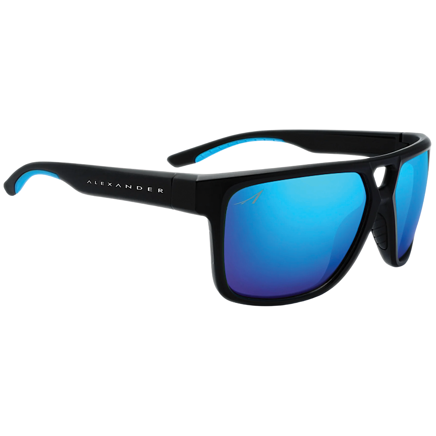 Alexander Sunglasses with black frame and blue mirrored lenses, designed for outdoor use, featuring a sporty wraparound style for fishing and marine activities.