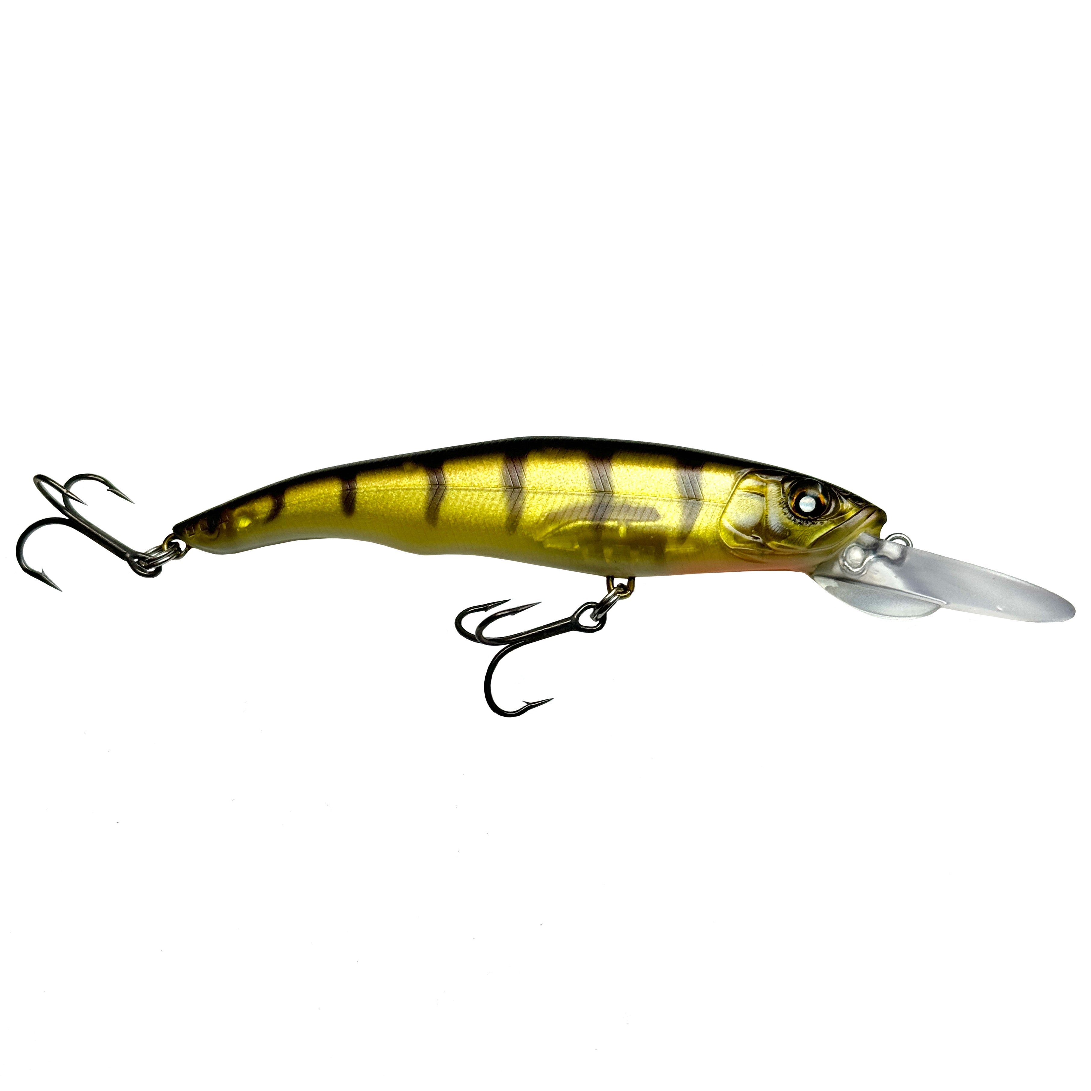 Nishine Lure Works Erie 95MD Jerkbait designed to mimic a yellow perch with a slender body, lifelike eyes, and two sharp treble hooks for effective fishing tackle use.