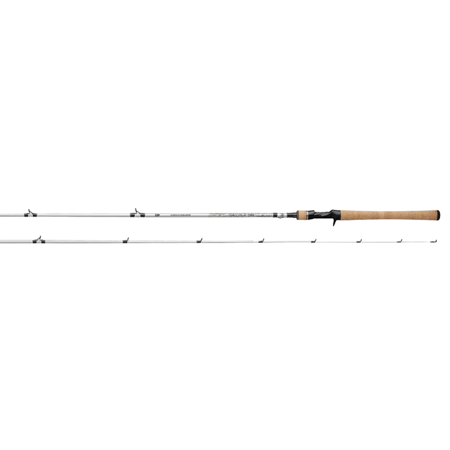 Daiwa Tatula US - Casting (60th Anniversary Limited Edition) fishing rod featuring a sleek silver blank with black guides, ergonomic cork handle, and a black reel seat designed for precision casting and durable performance.