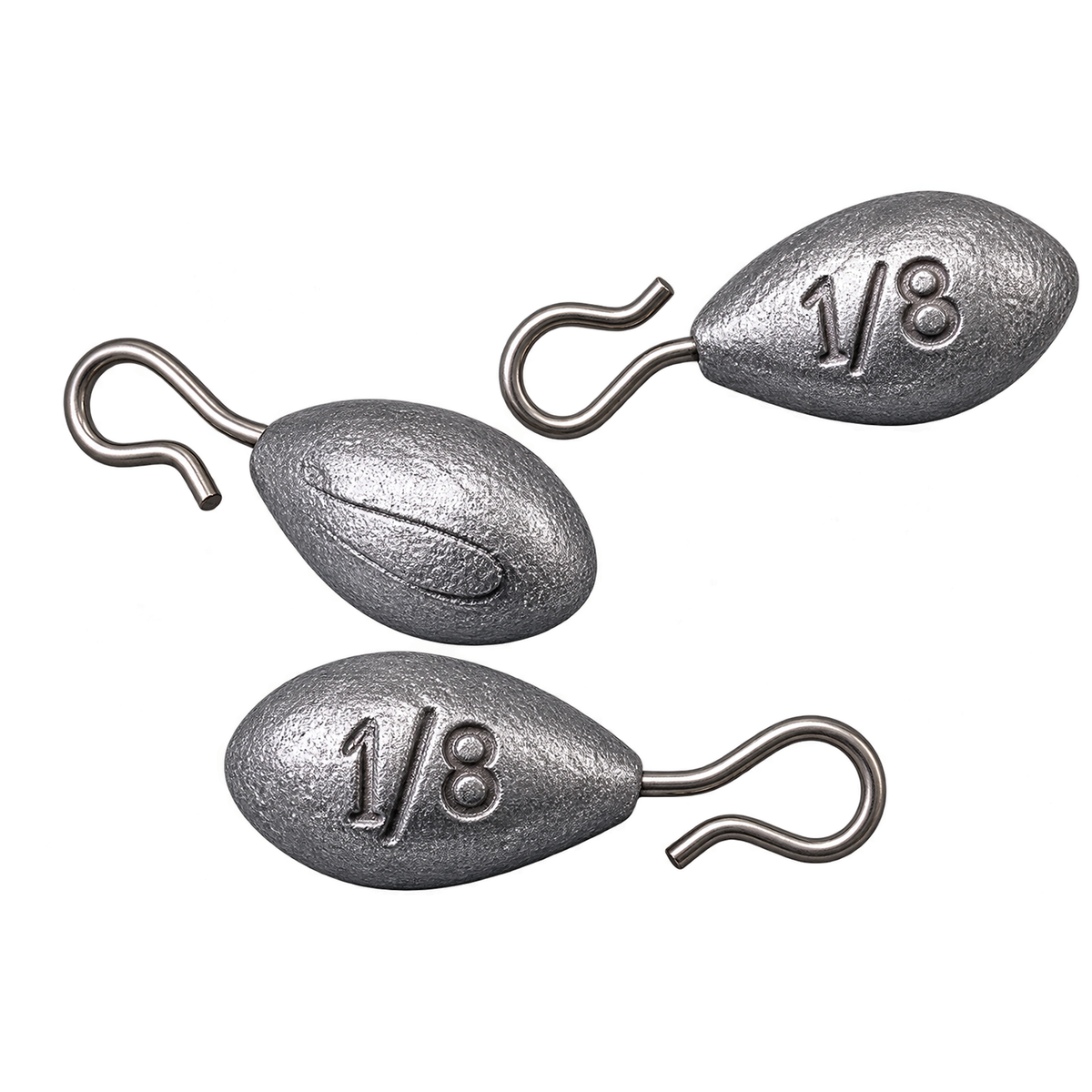 Missile Baits Hangtime Clip Weight showing three textured teardrop fishing weights with wire clips two marked one eighth ounce for fishing tackle