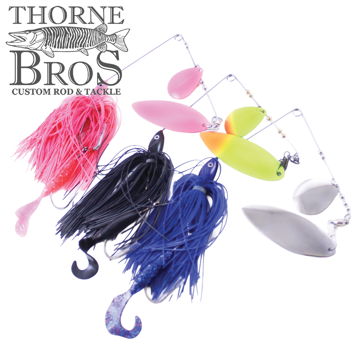 Ace Baits Original Spinnerbait with colorful skirted fishing lures and oversized spinner blades for musky fishing tackle