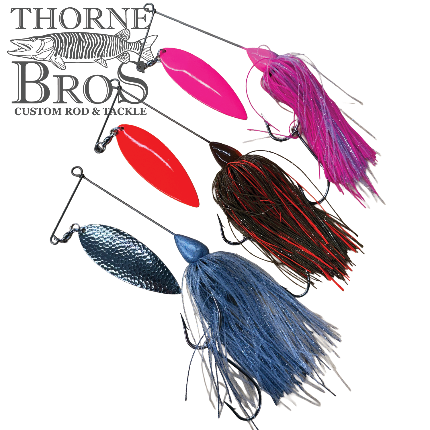CJ'S Large Silicone (Willow Blade) fishing lures featuring three spinnerbaits with pink, red, and blue silicone skirts and matching willow blade spinners.