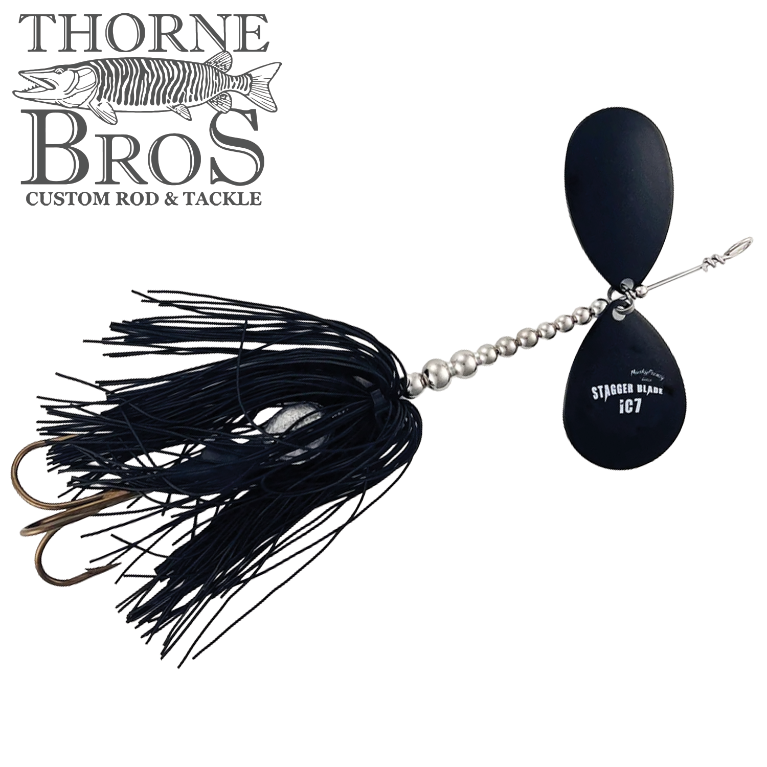 Musky Frenzy Apache Stag IC7 fishing lure with black skirt, silver beads, and double black spinner blades designed for musky fishing tackle.