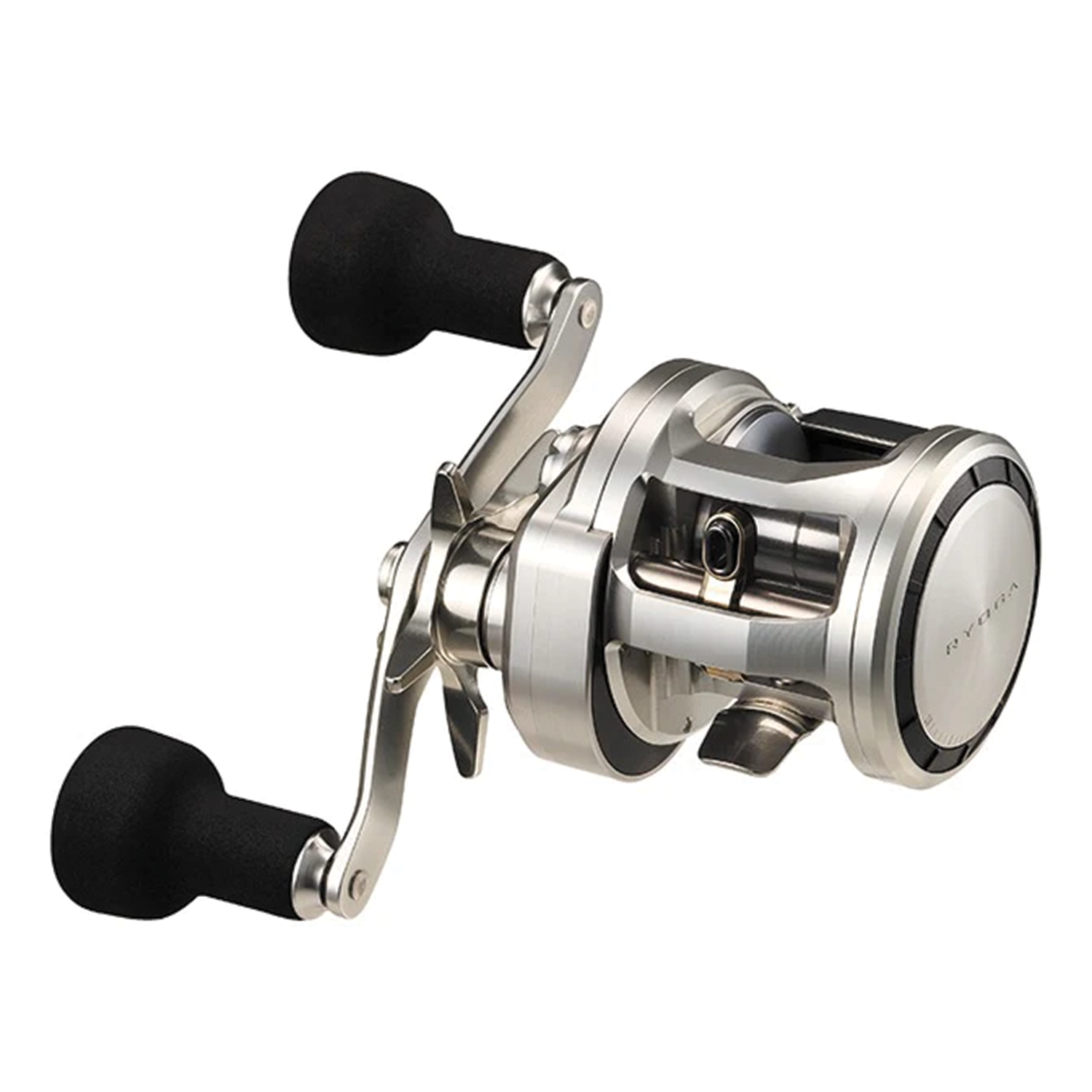 Daiwa Ryoga SV 100 baitcasting reel with a sleek silver body and ergonomic black handles, designed for smooth performance in fishing tackle and reels.