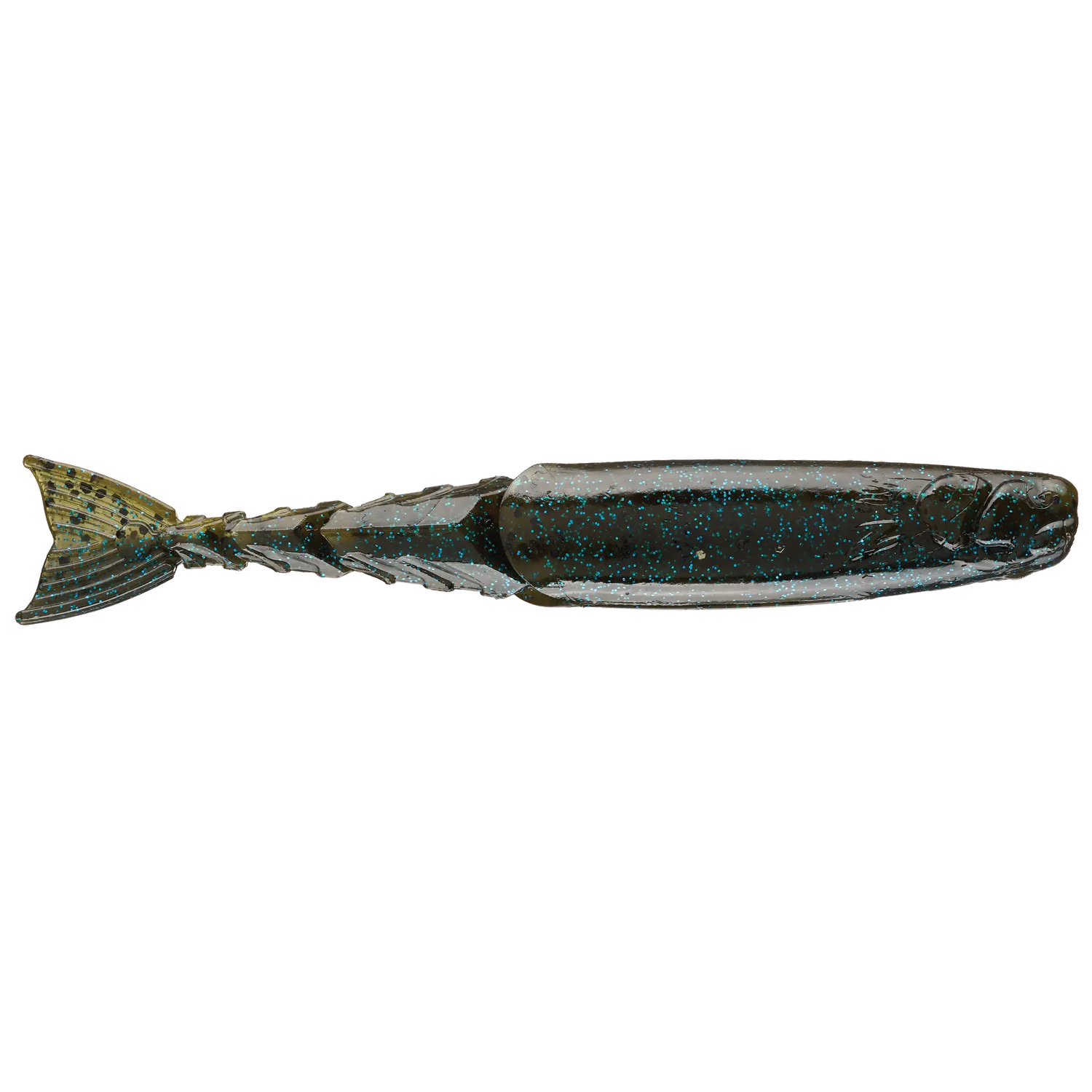 Z-Man Chattershad fishing lure in dark color with blue speckles and paddle tail, designed for use with fishing rods and reels in musky and freshwater fishing.