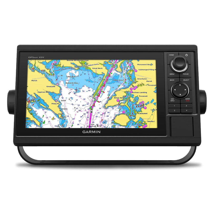 Garmin GPSMAP 1022 marine electronics device displaying detailed navigational maps with a black frame, control buttons, and a stand for fishing and boating use.