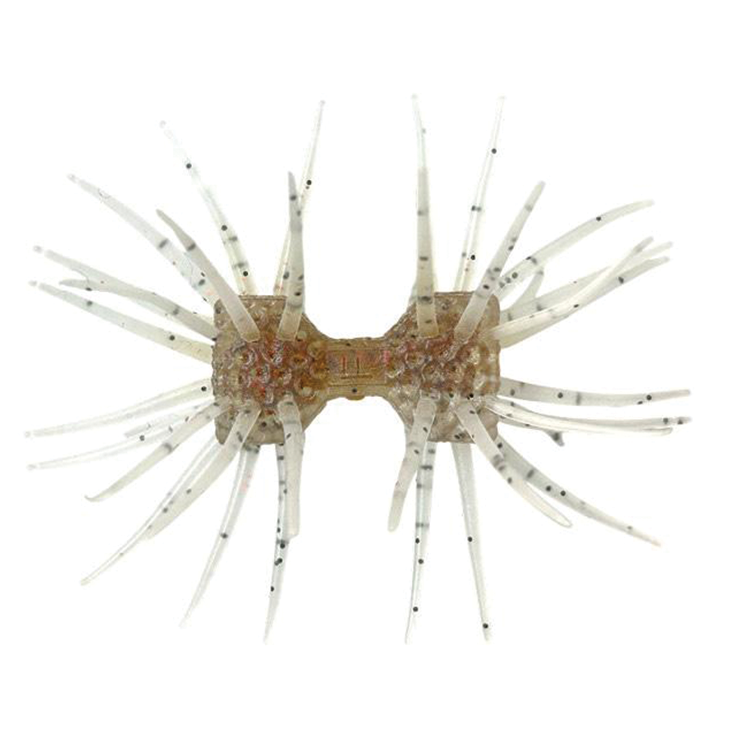 Imakatsu Dumbbell Crab (Elastomer) fishing lure in translucent beige with black speckles, featuring multiple flexible appendages designed to mimic a crab for realistic movement.
