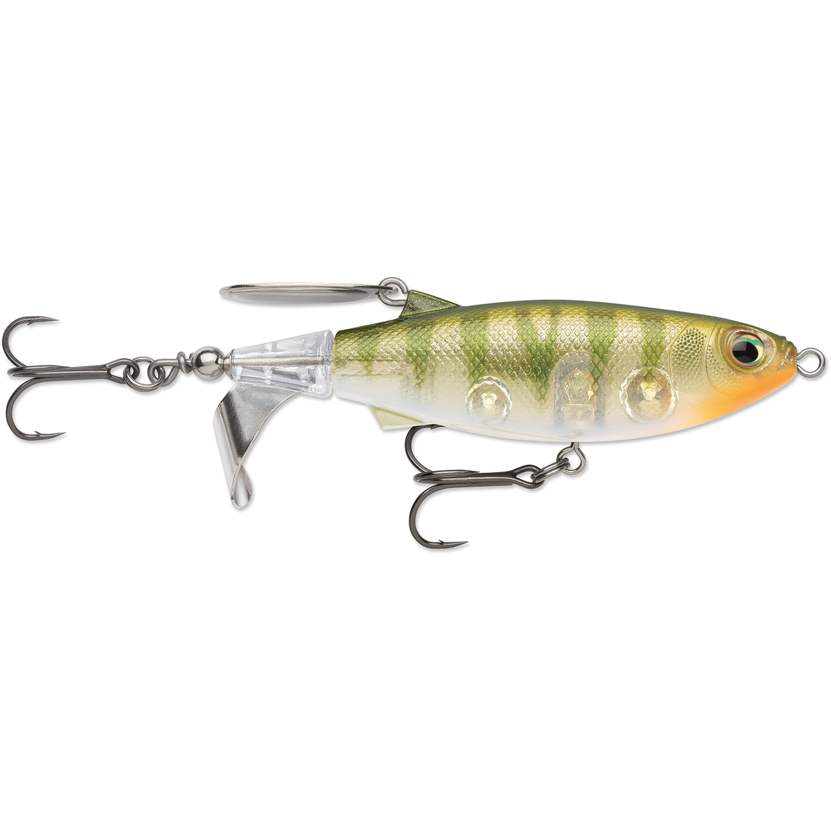 Rapala Claptail musky fishing lure with green scale pattern orange belly treble hooks and spinning tail propeller for freshwater fishing tackle