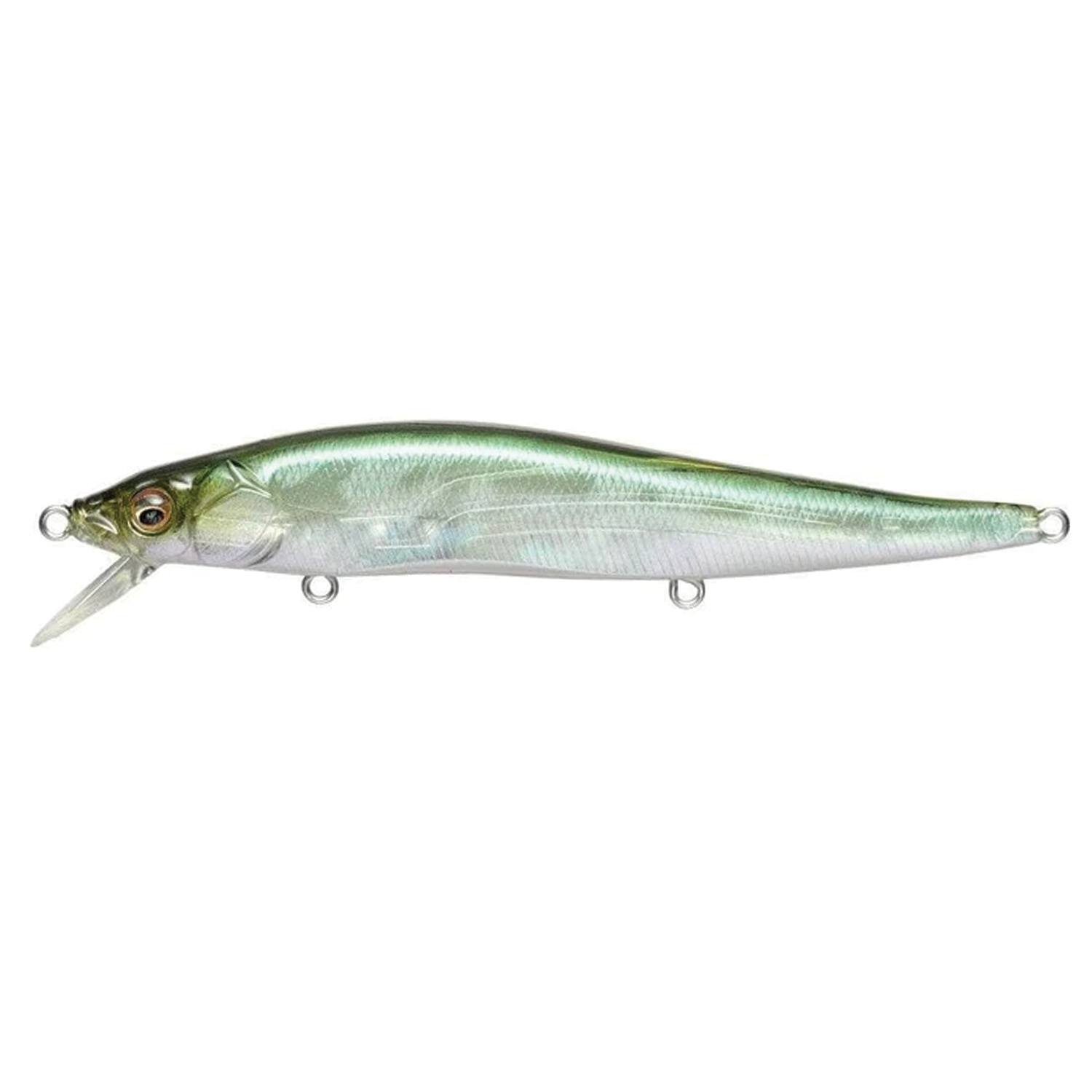 Megabass Vision 110 fishing lure with a slender, lifelike body in green and silver tones, designed for realistic movement in water, featuring multiple attachment points for hooks.