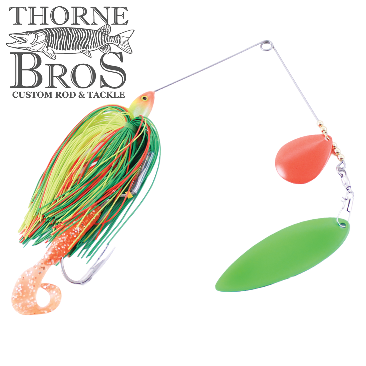 Ace Baits Big Ace Spinnerbait featuring a multicolor silicone skirt orange curly tail and red and green blades for freshwater fishing tackle