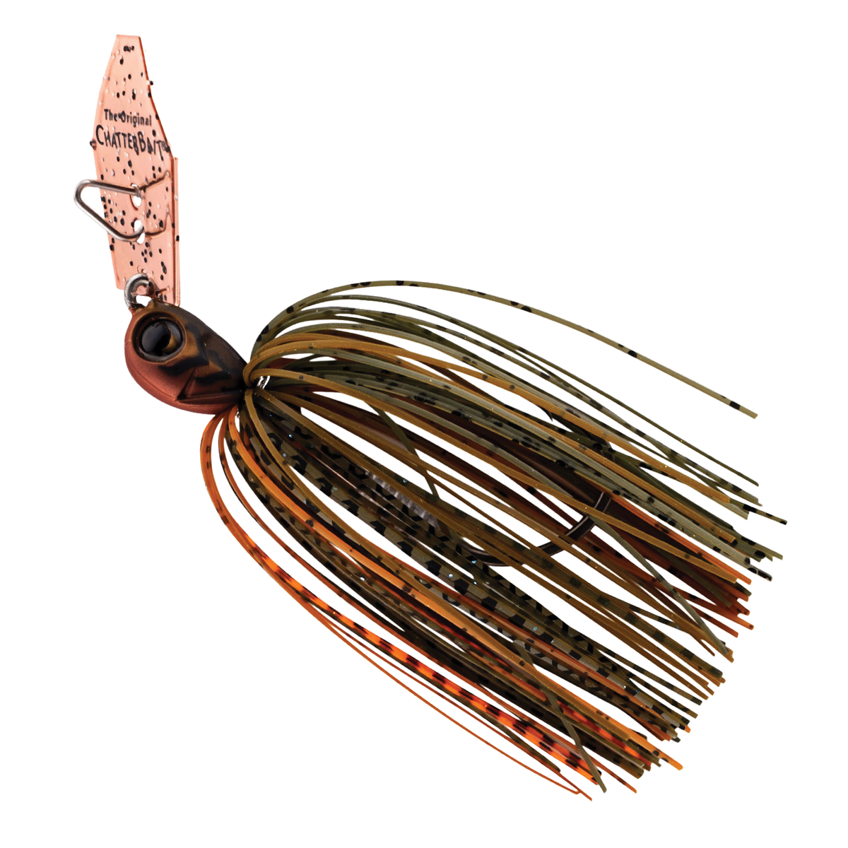 Z-Man Chatterbait Elite Evo HD fishing lure with a copper blade and brown and green silicone skirt designed for effective fishing tackle use.