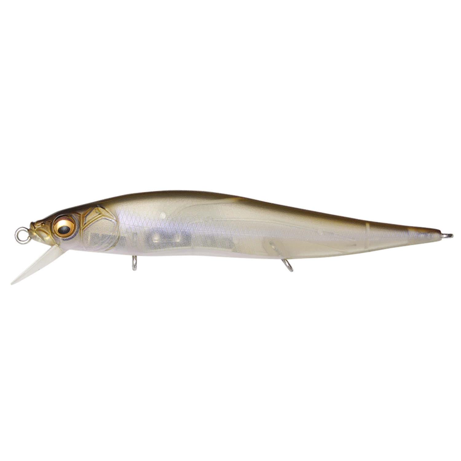 Megabass Vision 110 Jr. fishing lure in translucent gold and silver tones, designed for realistic fish action and detailed eyes for effective musky fishing tackle.