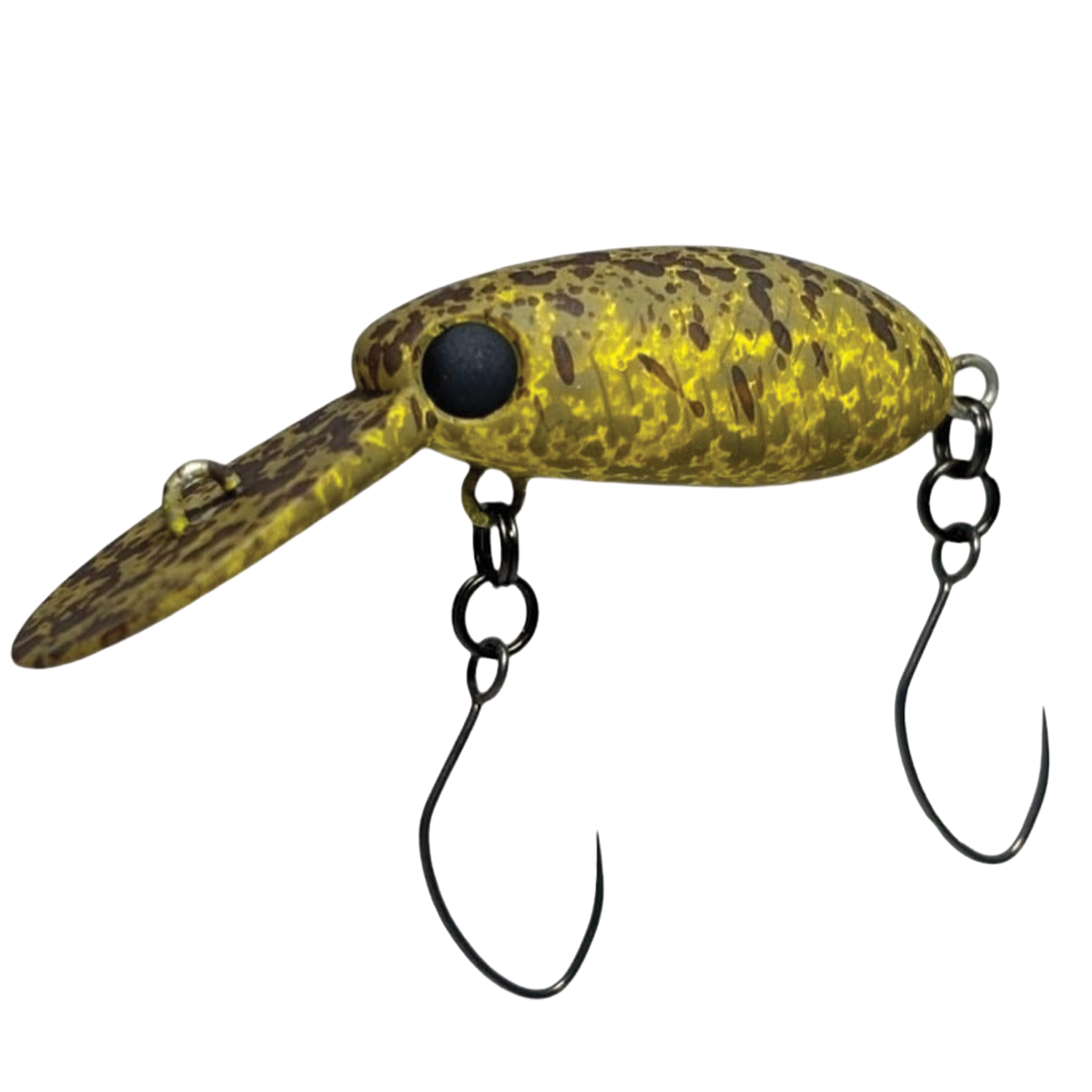 HMKL Inch Crank MR fishing lure in mottled yellow and brown pattern with two sharp black hooks and a small angled diving lip for freshwater fishing tackle.