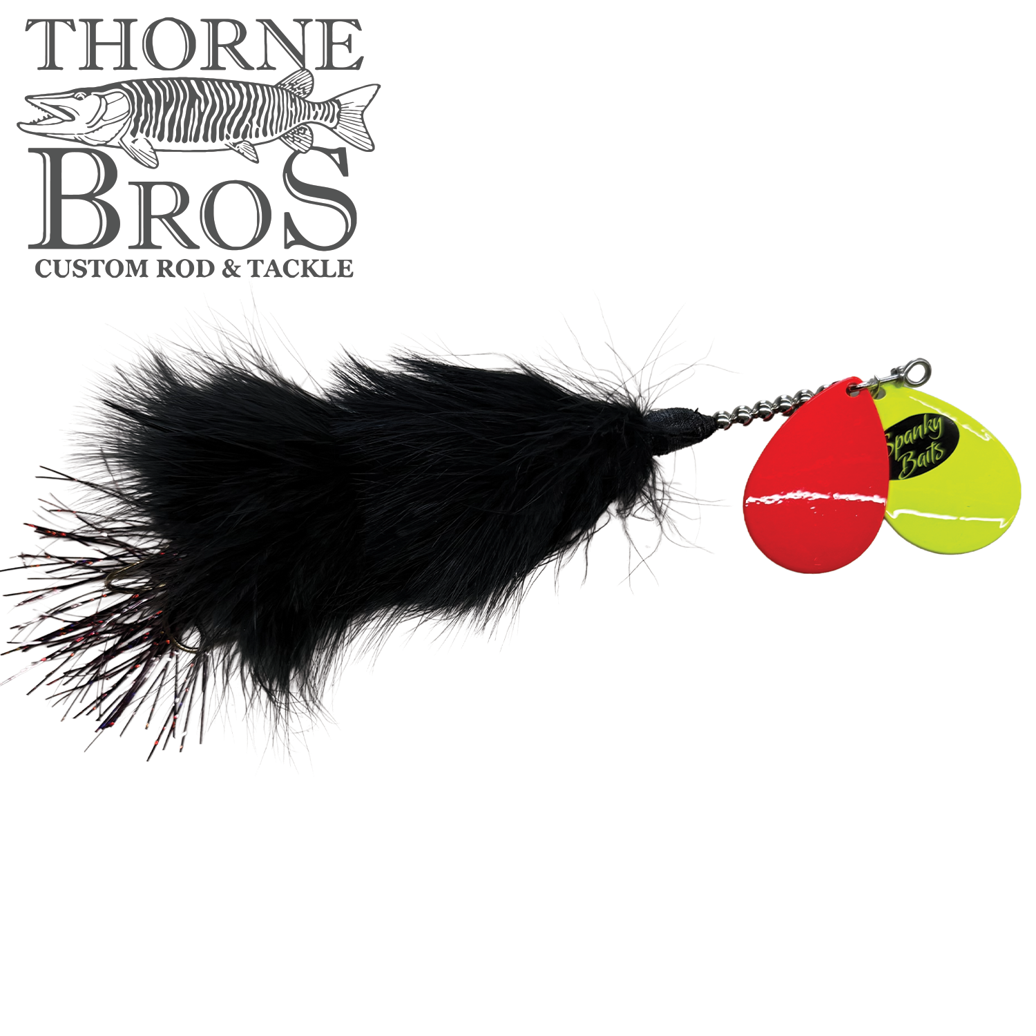 Spanky Baits Raven fishing lure with black feathered tail and two shiny spinner blades in red and yellow, designed for attracting musky fish.
