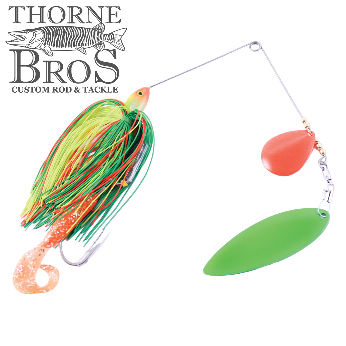 Ace Baits Original Spinnerbait with a multicolor skirt twin blades and soft plastic trailer for musky fishing tackle