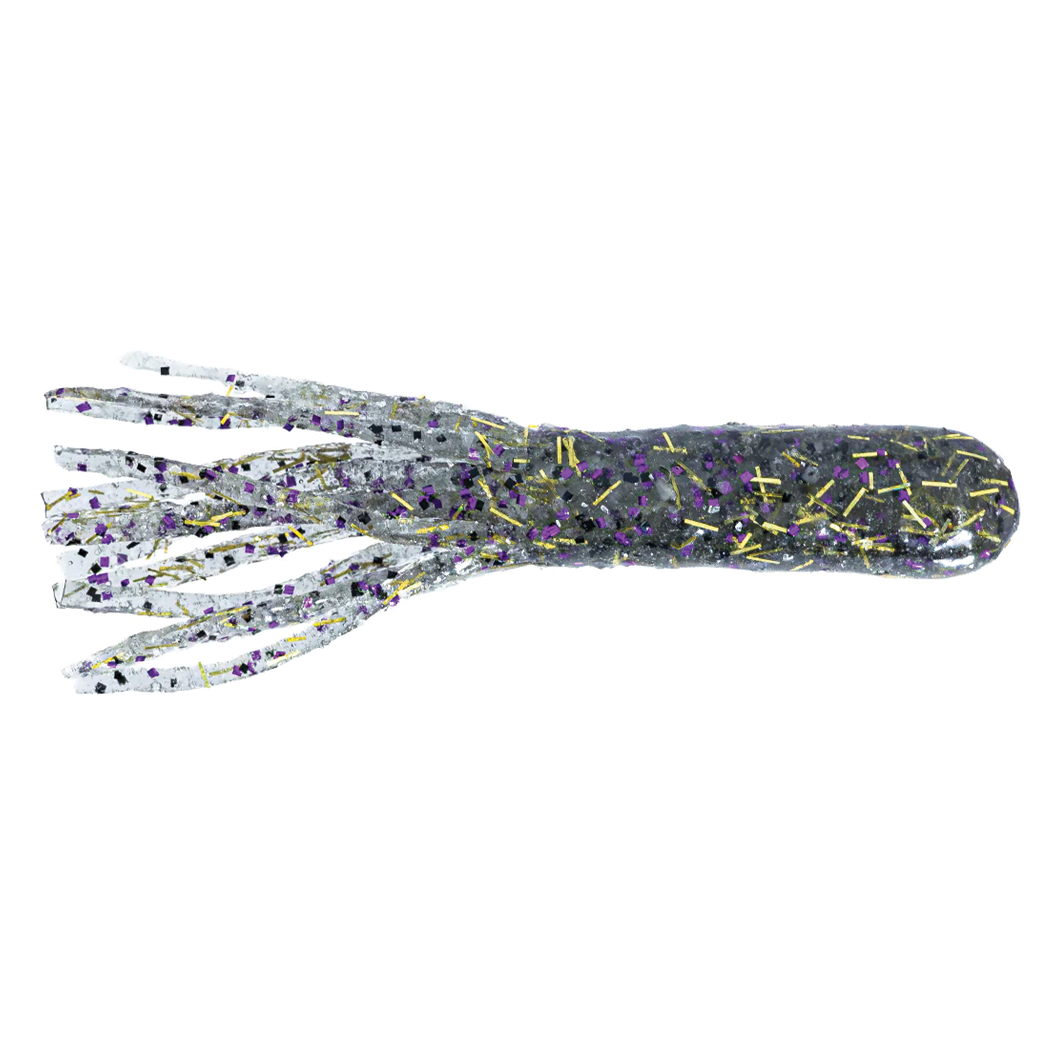 X-Zone X-Tubes fishing lure featuring a translucent body with purple and gold flecks and flexible tentacle-like strands for attracting musky and other game fish.