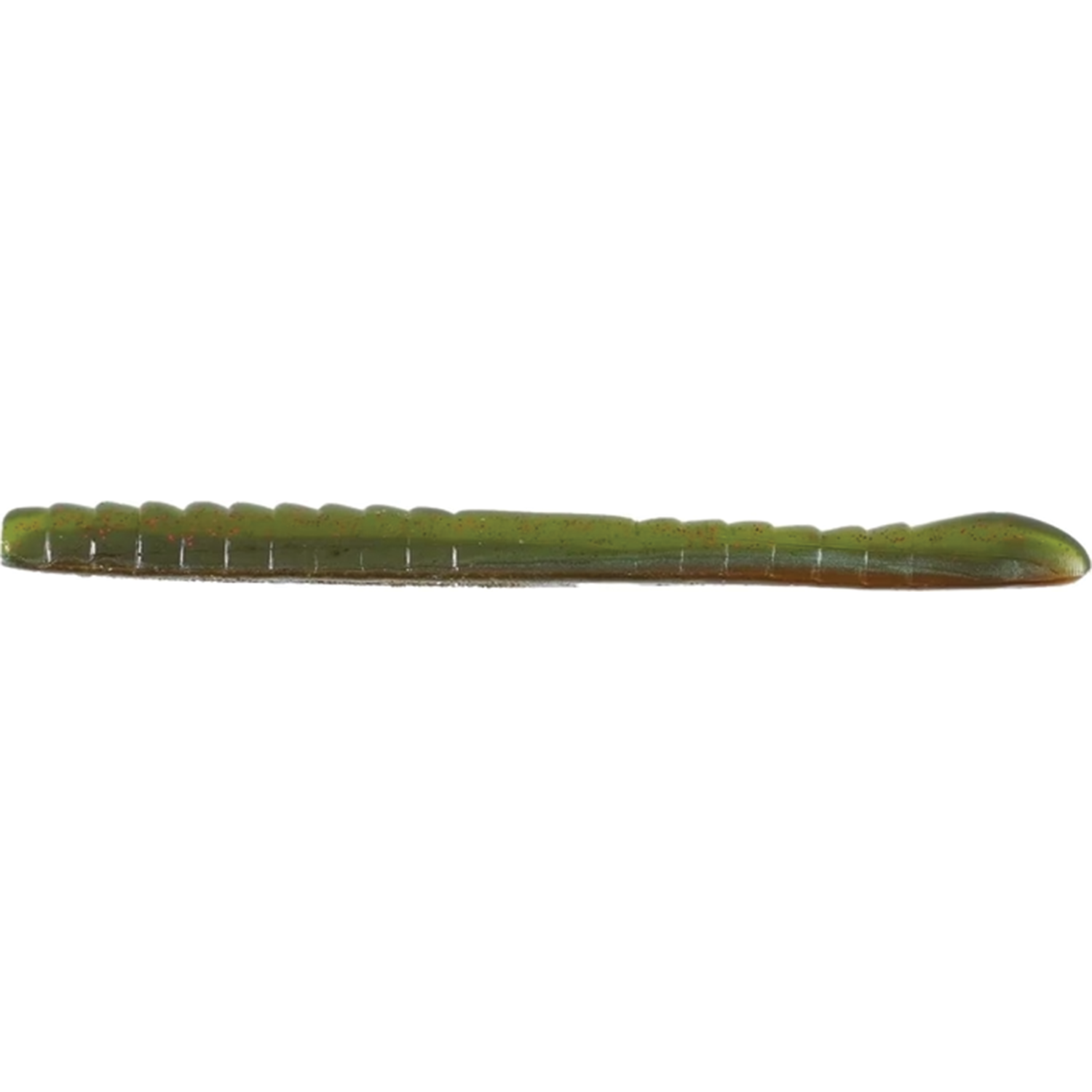Missile Baits & Roboworm 4" Mini Magic Worm fishing lure in green with subtle red speckles, designed for freshwater fishing tackle and enhancing bait presentation.