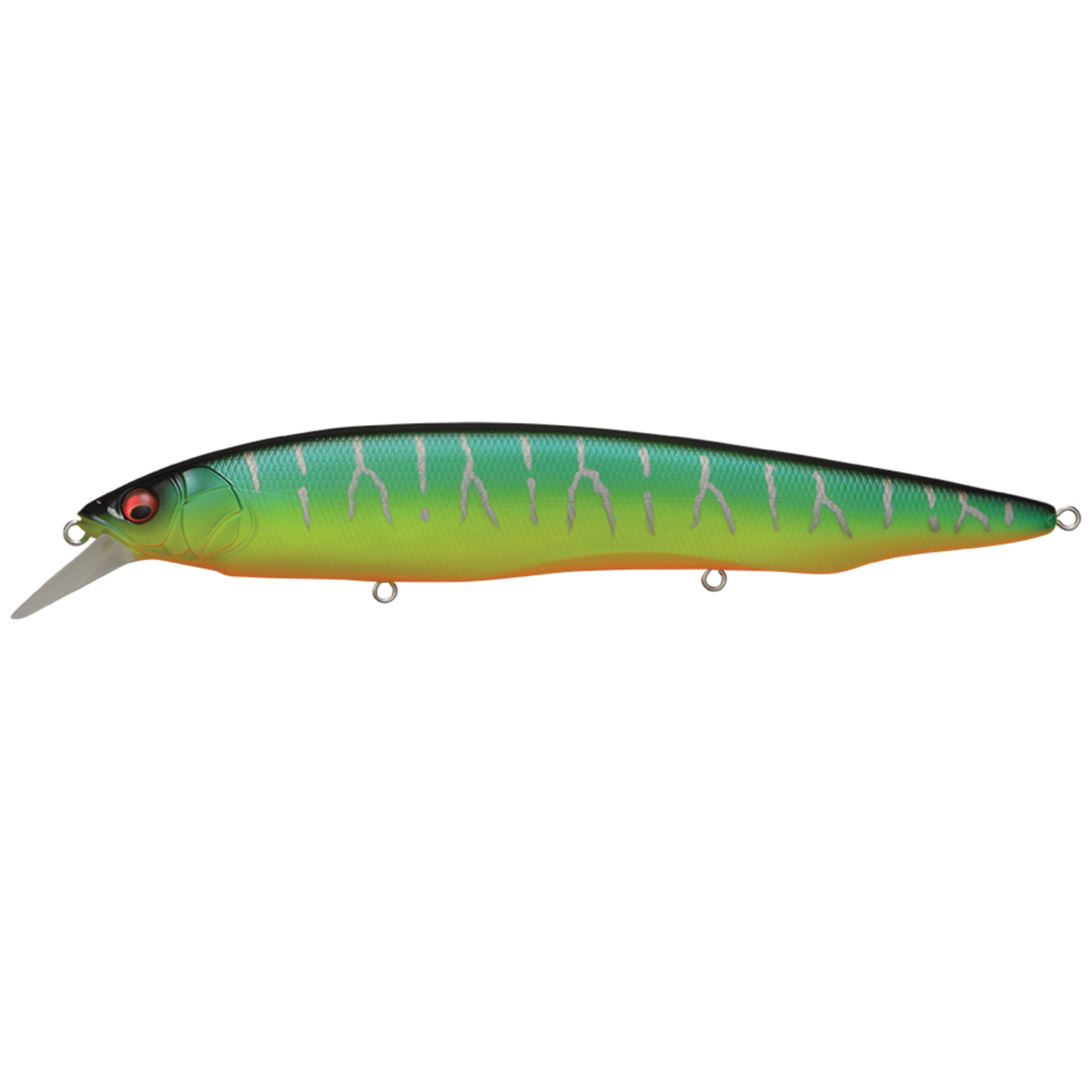 Megabass Kanata fishing lure in green and orange with silver scale pattern, designed for realistic movement and attracting musky fish in freshwater environments.