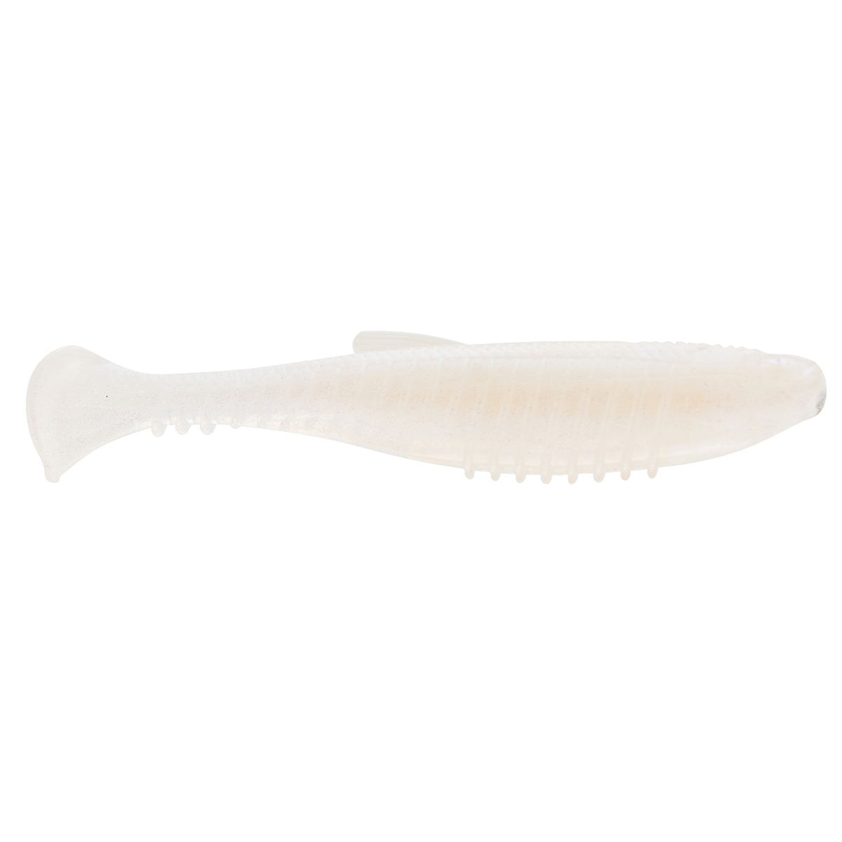 Soft translucent white fishing lure shaped like a small minnow with a paddle tail, designed for use as Z-Man Octane Minnowz fishing tackle.