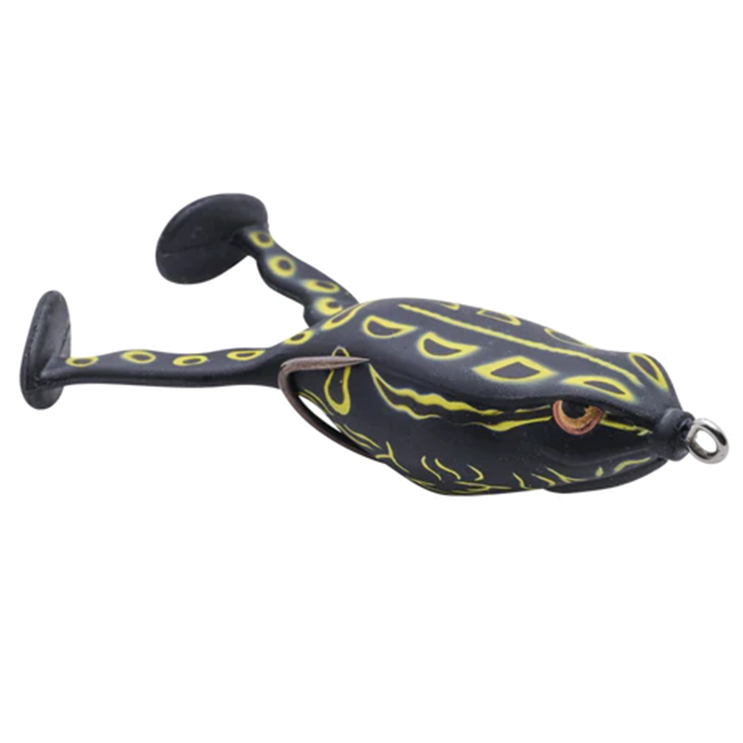 Spro Flappin Frog-65 black and yellow fishing lure designed to mimic a frog, featuring paddle legs for realistic movement in water ideal for fishing tackle enthusiasts.