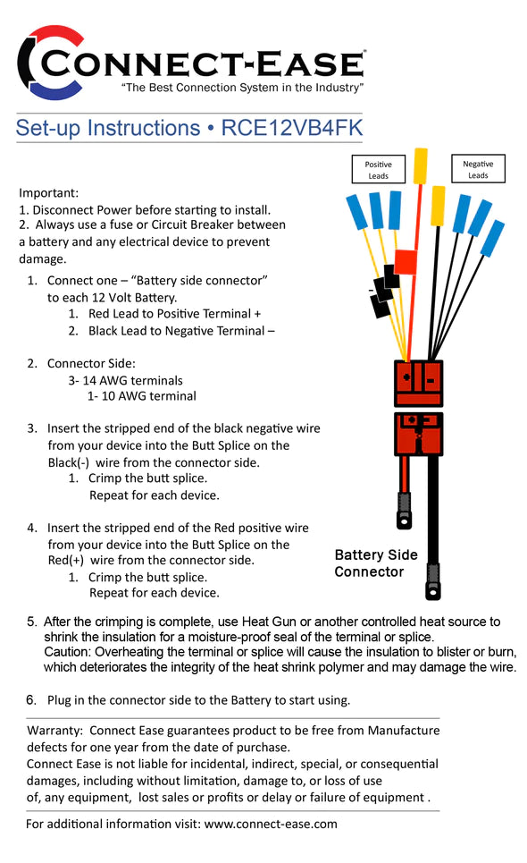 Connect-Ease 12 Volt Multi (4) Fused Connection Kit Fuses Included Lithium Compatible RCE12VB4FK