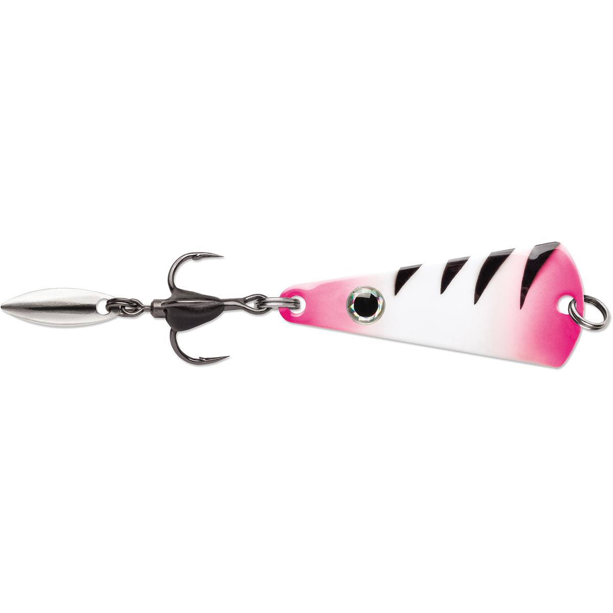 VMC Bladed Tingler Spoon pink and white fishing lure with black stripes treble hook and silver blade for musky fishing tackle