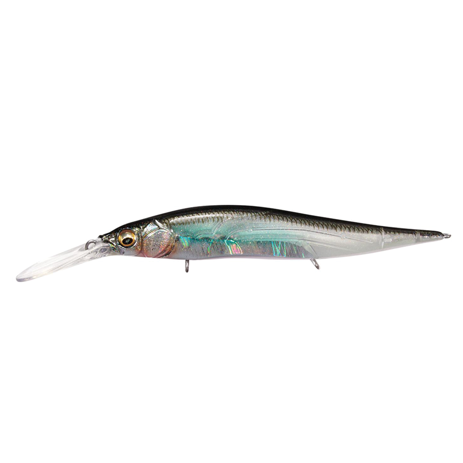 Megabass Vision 110+2 Jr. fishing lure with a slender, elongated design featuring a reflective, fish-scale pattern and a clear diving lip for attracting musky and other game fish.