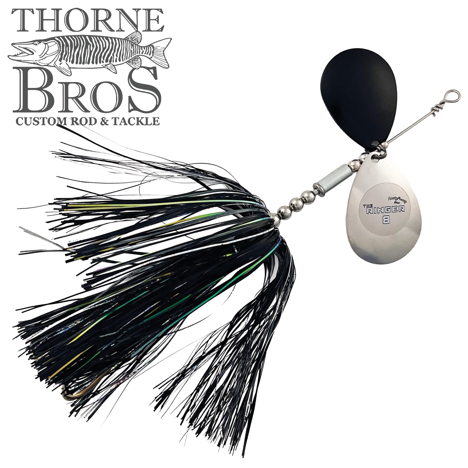 Musky Frenzy The Ringer 8 fishing lure featuring black and green skirted strands with two metallic spinner blades, designed for musky fishing and custom tackle enthusiasts.