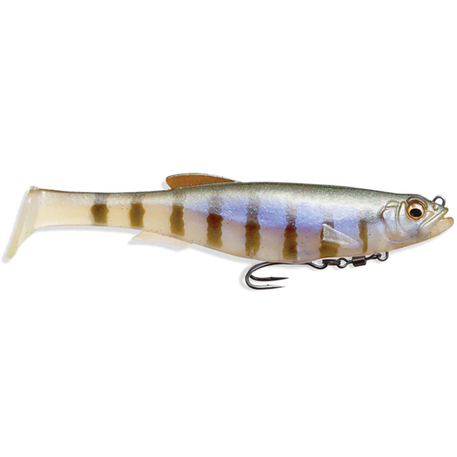 Megabass Magdraft soft fishing lure with a realistic fish design, translucent body showing brown stripes, detailed fins, and a treble hook underneath for effective musky and freshwater fishing tackle.