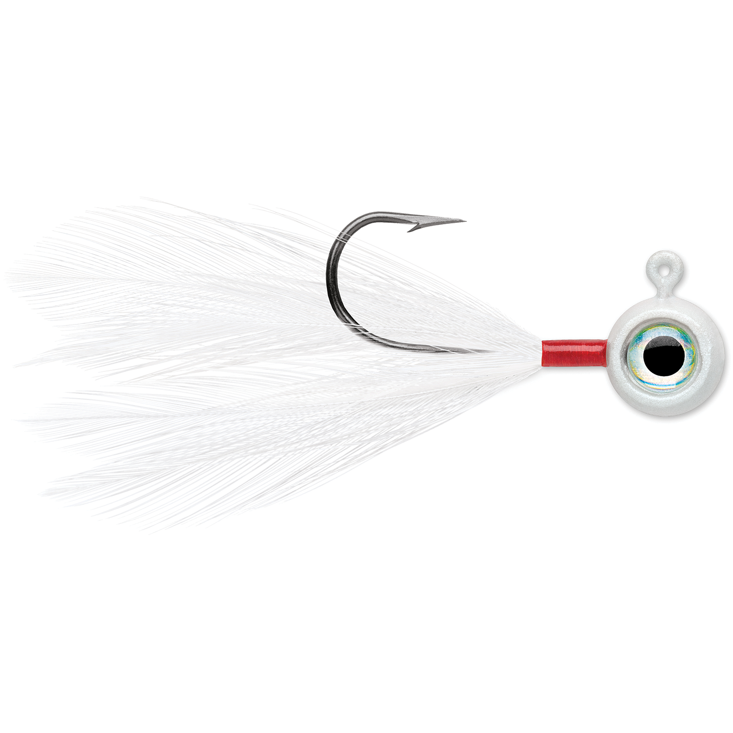 VMC Moon Fly Jig featuring a sharp fishing hook with white feathered tail and a weighted, round jig head designed to attract fish in freshwater environments.