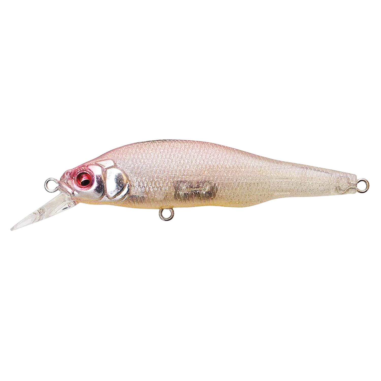 Megabass X-80 Trick Darter fishing lure with a translucent, pearlescent body, red eyes, and a clear diving lip designed for realistic musky fishing tackle.