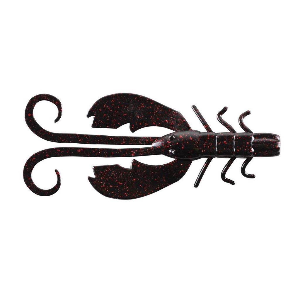 Berkley PowerBait Crazy Leg Chigger Craw fishing lure designed to mimic a crawfish with dark body and red speckles, featuring two curled tail appendages and detailed claws for lifelike movement.