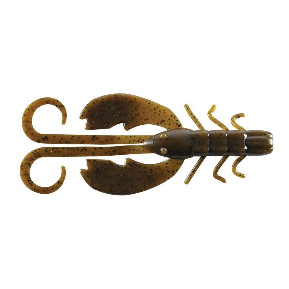 Berkley PowerBait Crazy Leg Chigger Craw fishing lure in brown with black speckles, featuring curled appendages and realistic segmented body for effective fishing tackle.