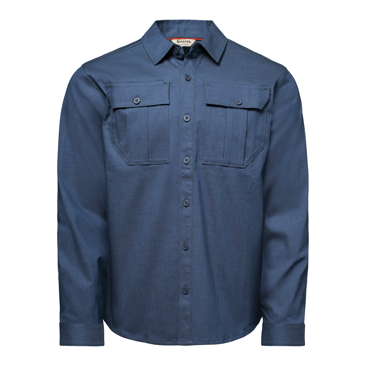 Simms Harbor Work Shirt - Men's navy blue long sleeve shirt with button front and two flap chest pockets shown against a white background
