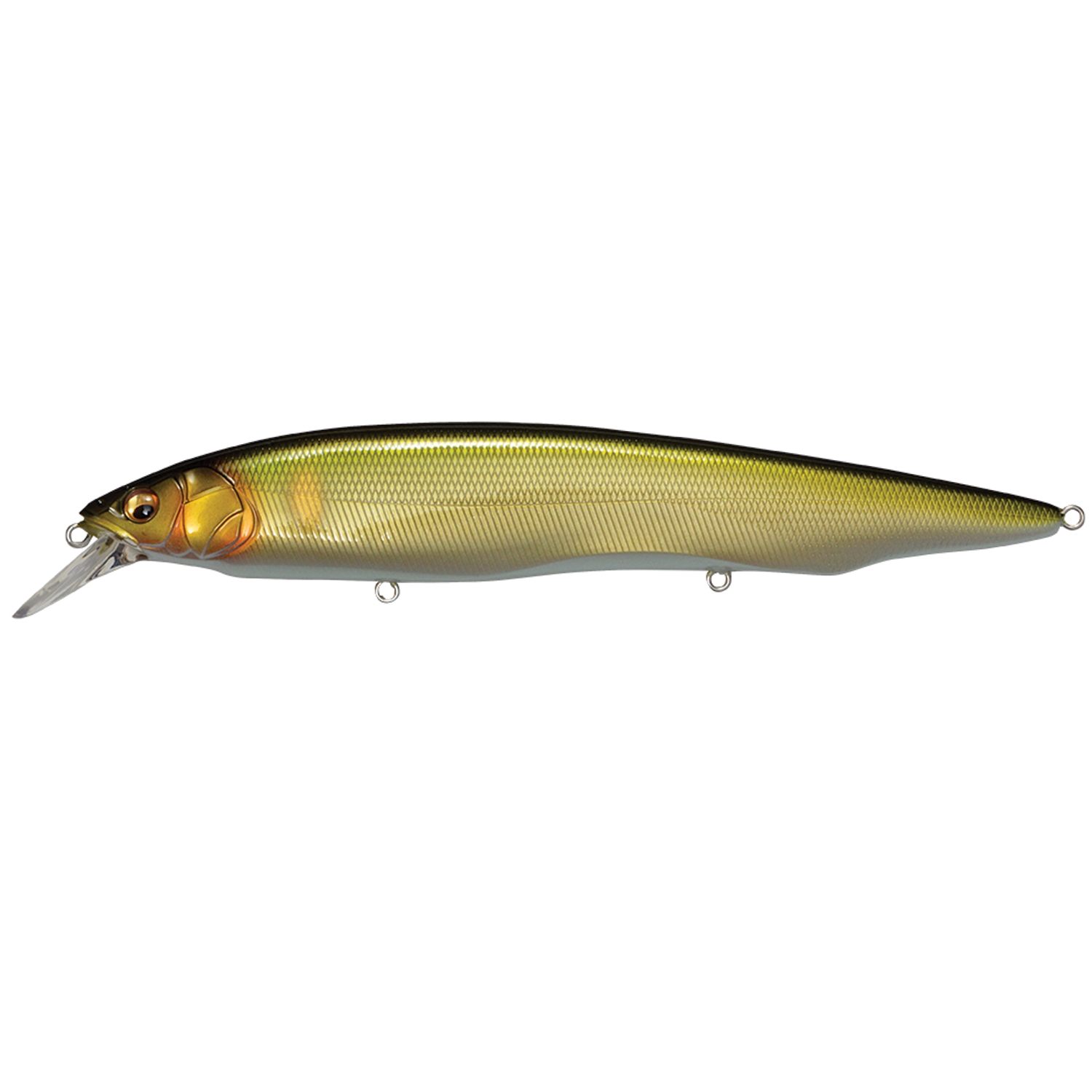Megabass Kanata fishing lure with a sleek, elongated body in gold and olive tones, featuring realistic scale textures and a clear diving lip for an enticing swimming action.