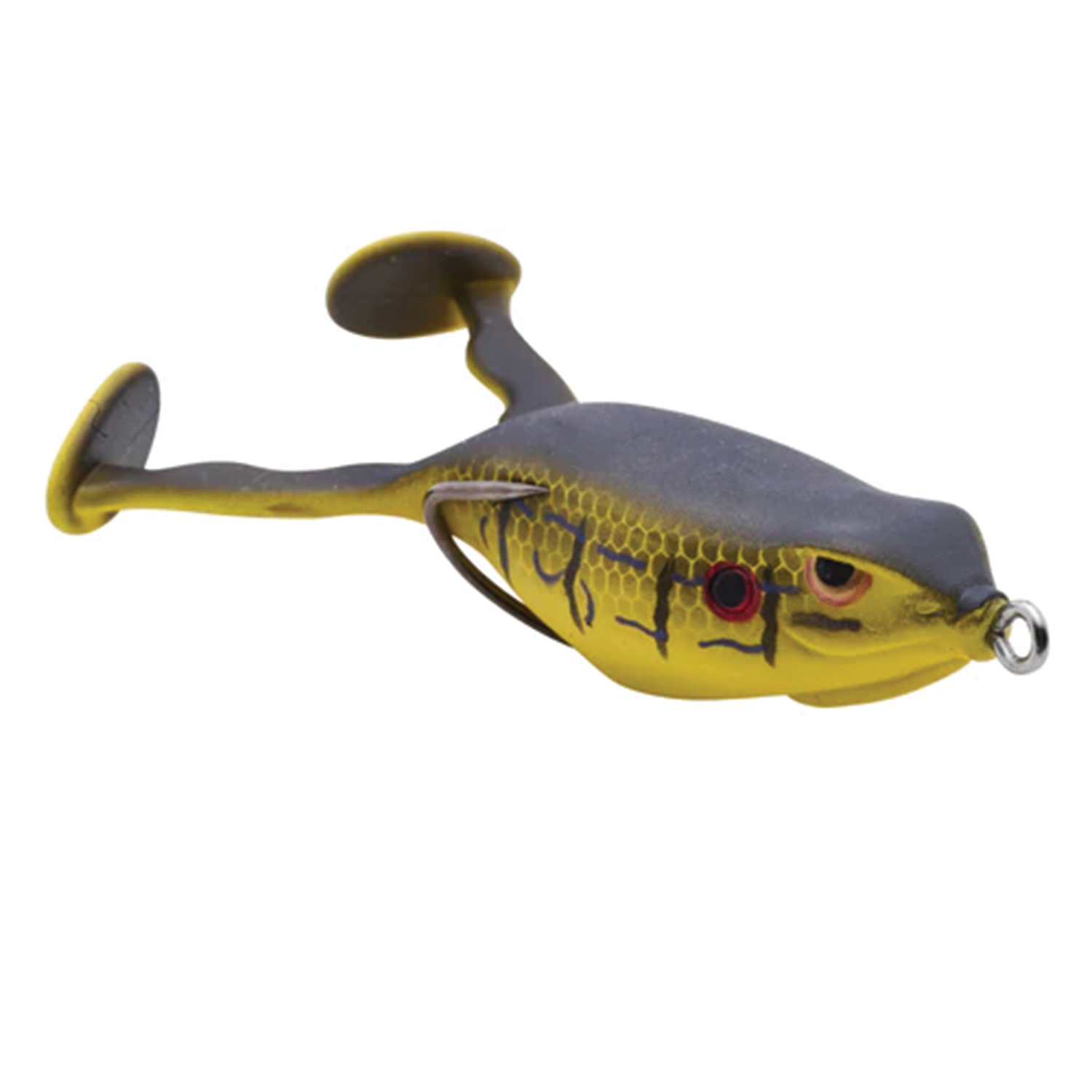 Spro Flappin Frog-65 fishing lure designed to imitate a frog with lifelike yellow and black coloring, detailed eyes, and dual paddle tails for realistic water action.