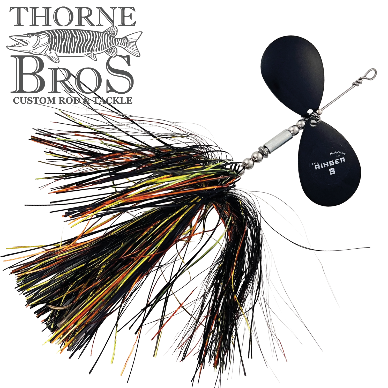 Musky Frenzy The Ringer 8 fishing lure with black and orange skirt and dual black spinner blades, designed for musky fishing, from Thorne Bros Custom Rod & Tackle.
