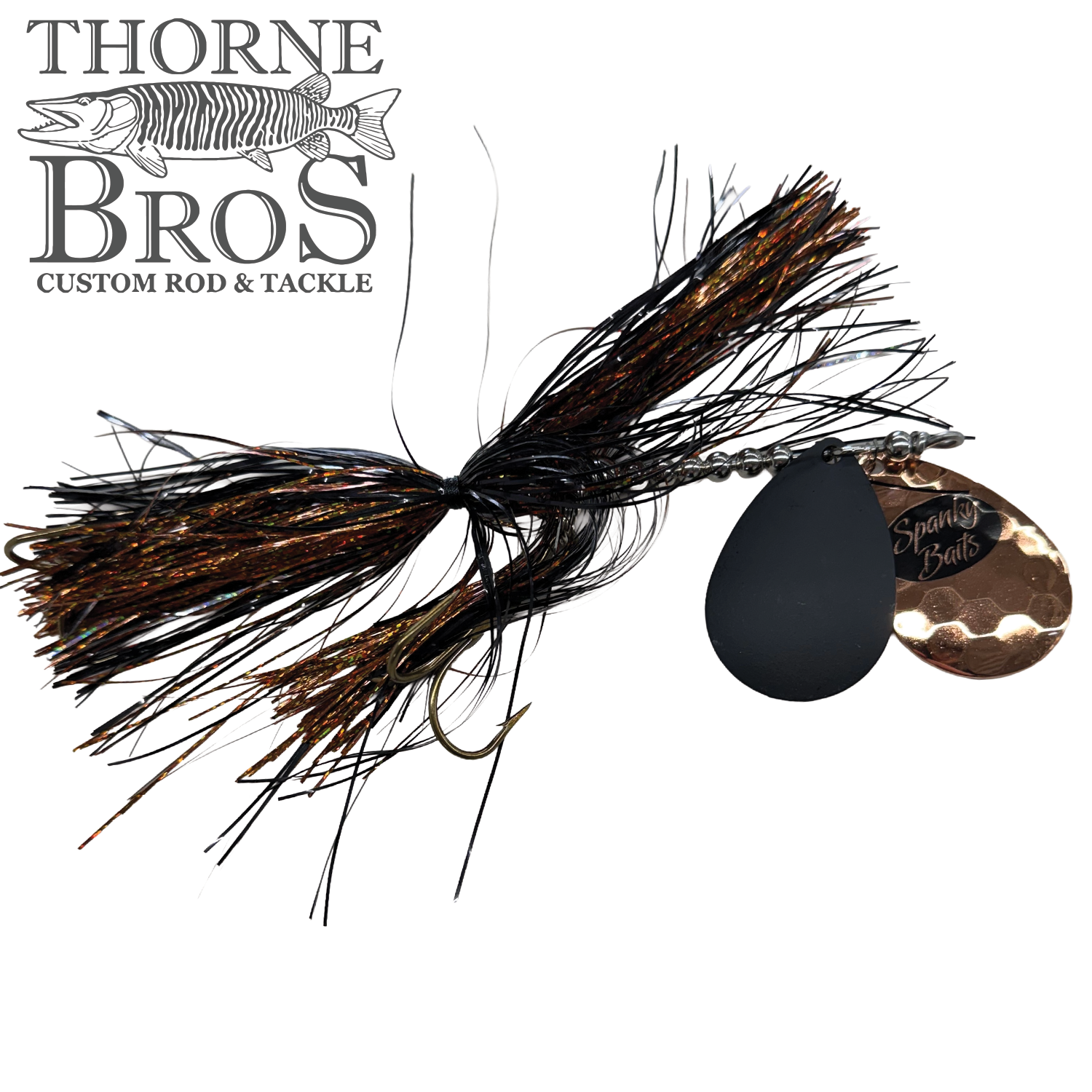 Spanky Baits Fireball 8" fishing lure with black and copper colored skirt, two spinner blades including a hammered copper blade, designed for musky fishing.