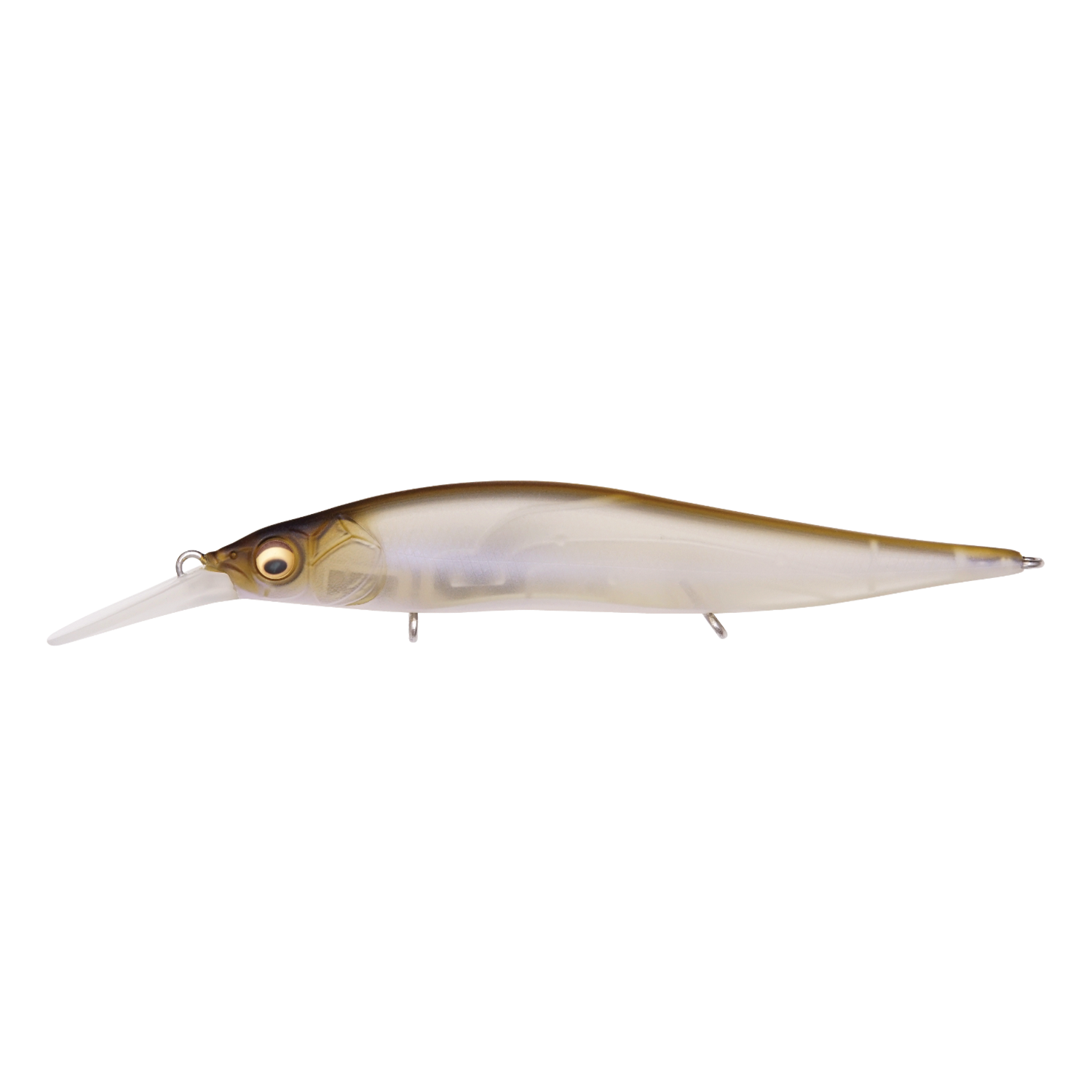 Megabass Vision 110+1 Jr. fishing lure with a realistic fish-shaped body in translucent brown and beige tones, designed for fishing tackle enthusiasts and effective freshwater fishing.