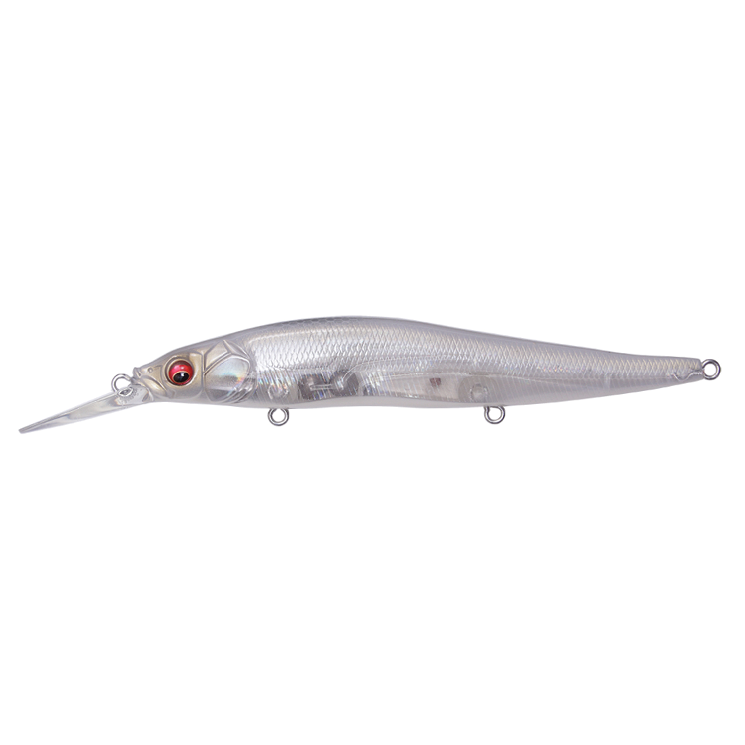 Megabass Vision 110+1 fishing lure with a sleek, translucent silver body, detailed scale texture, and red eyes designed for effective fishing tackle use.